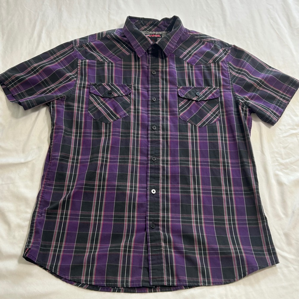 Tony Hawk Mens Large Purple Plaid Short Sleeve Western Button Down Shirt